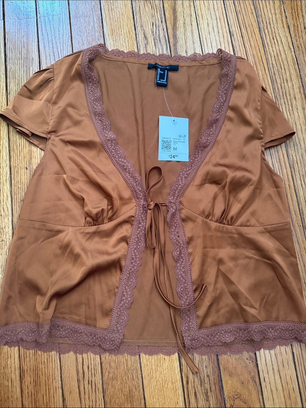 Forever 21 Copper Satin Lace-Trim Tie-Front Top